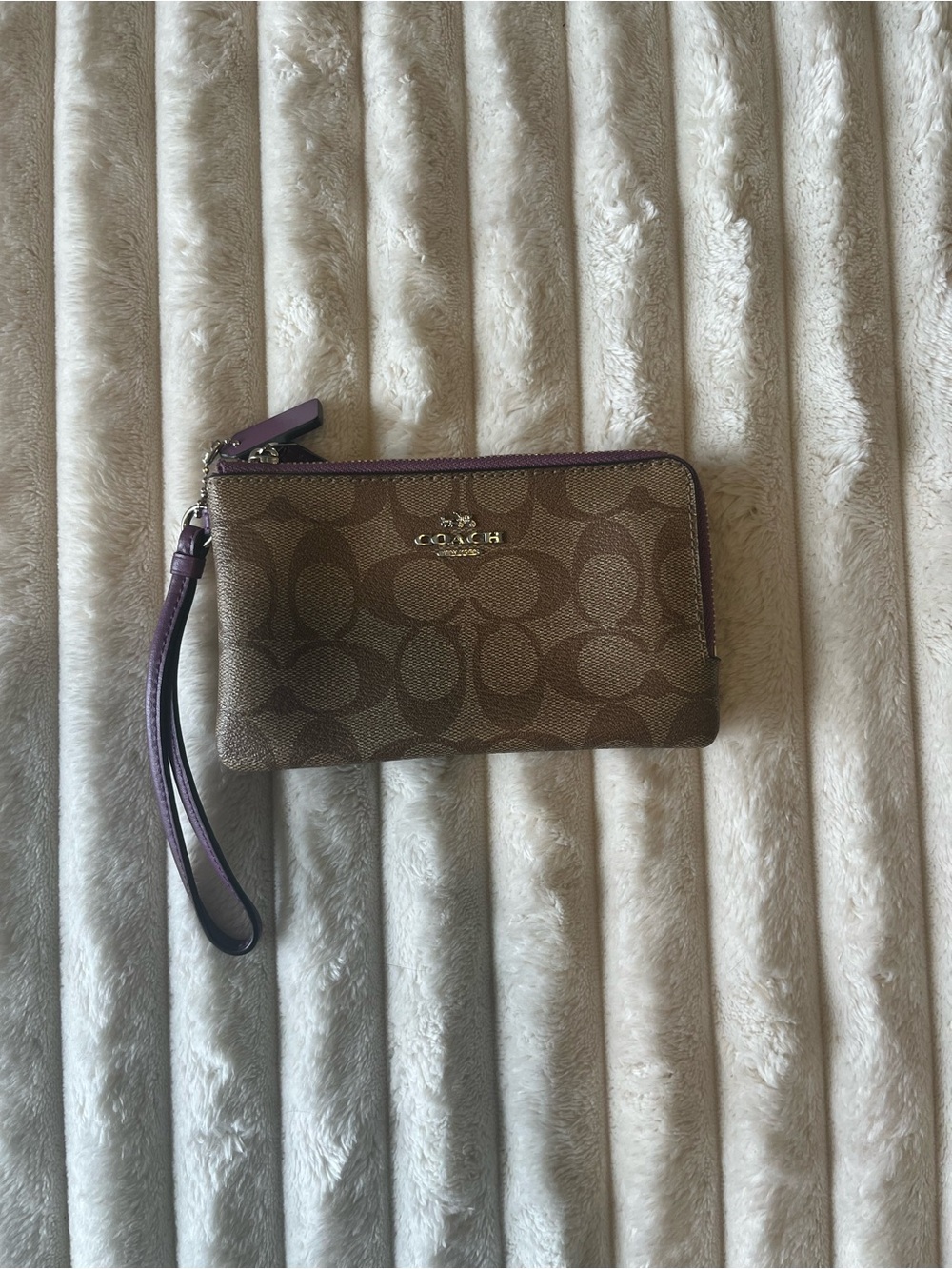 Coach Brown Signature Canvas Wristlet with Purple Leather Trim